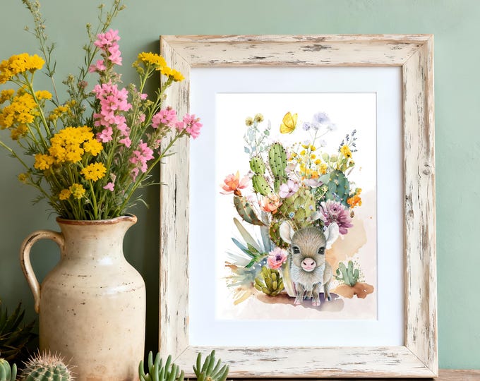 Javelina Art Print: Southwest Cactus Blossoms and Desert Wildflower Wall Décor