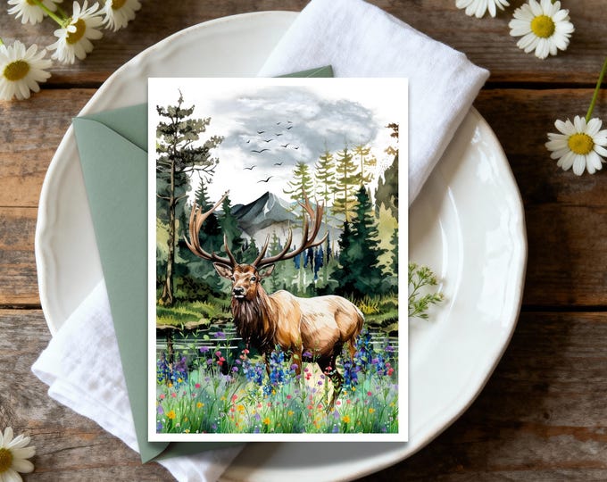 Elk in Nature Watercolor Greeting Card: Wildlife Note Card
