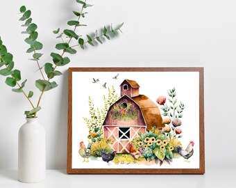 Farmhouse Art Print, Watercolor Farm Wall Art, Rooster Art, Barnhouse Print, Rooster Decor, Red Barn Wall Art, Farm Animals Art Print