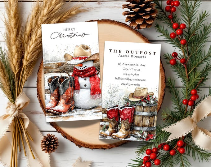 Cowboy Snowman Christmas Business Cards: Double-Sided, Rustic Holiday Design