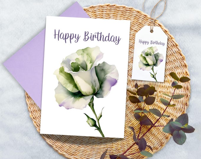 Purple Rose Watercolor Birthday Card with mathching Gift Tag, Green and Lavender Floral Greeting Card,  Nature Inspired Stationery Set