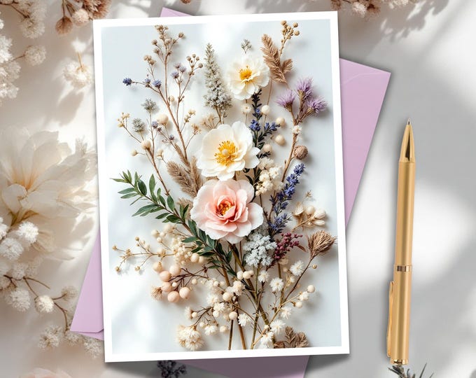 Blush Winter Flowers Greeting Card: Elegant Holiday Stationery