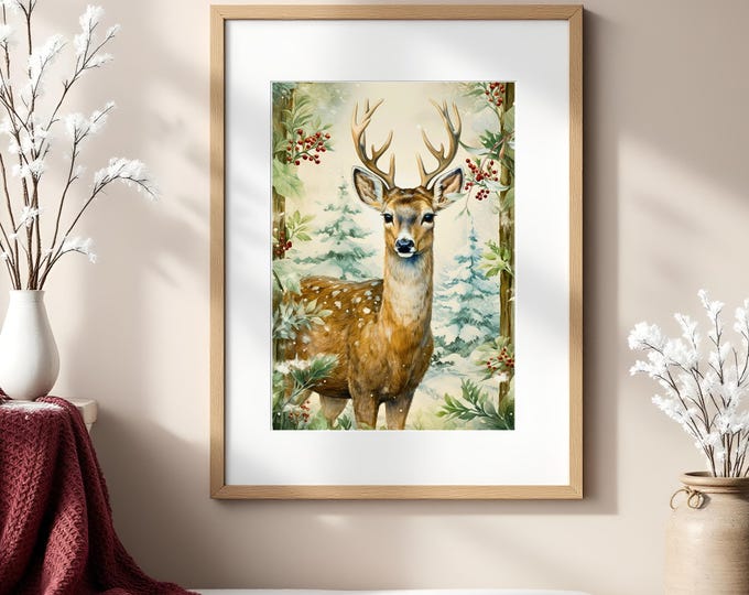 Vintage Deer Winter Print: Rustic Watercolor Forest Wall Art