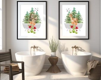 Bear in a Tub Art, Bear Bathroom Wall Art, Watercolor Bear Wall Decor, Deer in Bathtub, Woodland Animals in a Tub, Cute Bathroom Prints
