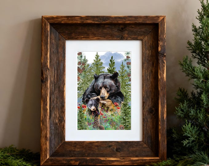 Bear and Cub in Forest Art Print – Rustic Woodland Wall Décor