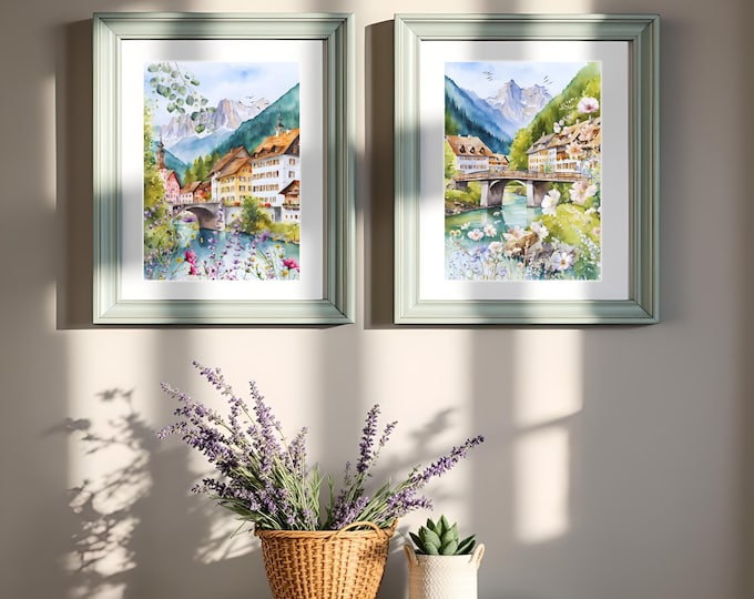 Watercolor Alpine Village Art Prints (Set of 2) - Swiss Mountain Landscape