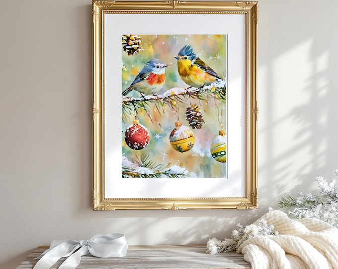 Winter Birds Watercolor Art Print: Snowy Pine Branch, Cottagecore Holiday Decor