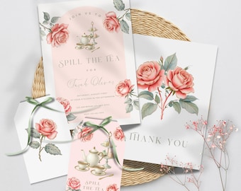 Spill The Tea Party Bundle Invitation, Editable Canva Tea Party Invite, Matching Floral Gift Tags and Thank You, Blush + Sage Party Invite
