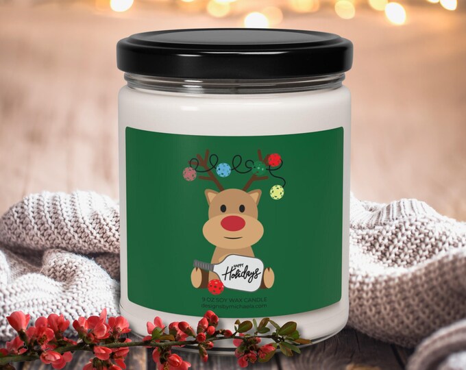 Pickleball Happy Holidays Scented Candle, Rudolph Pickleball Christmas Soy Candle, Pickleball Lover Candle, Gift for Pickleball Player