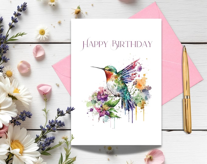 Hummingbird Watercolor Birthday Card: Floral Cottagecore Art