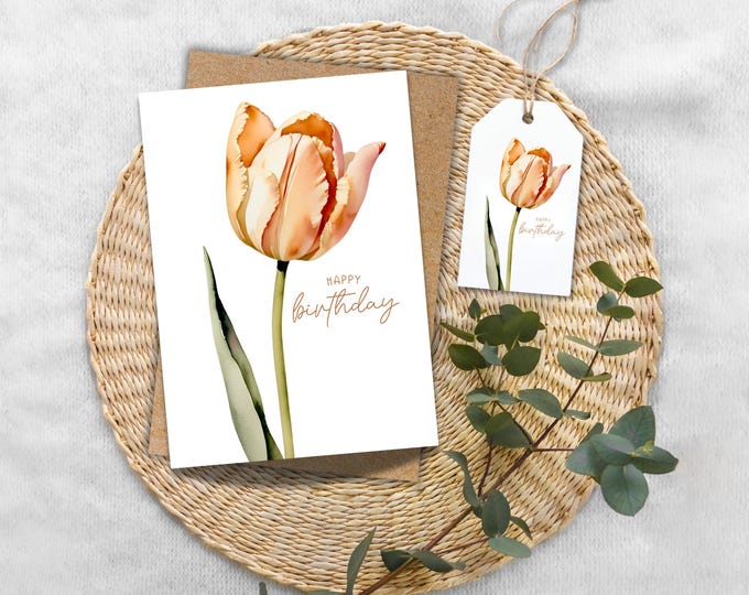 Peach Tulip Birthday Card, Watercolor Floral Greeting Card with Kraft Envelope, Elegant Botanical Card for Her, Garden Inspired Stationery