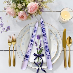 Blue Floral Chinoiserie Taper Candles: Decorative Vintage Style - Gift Box Option