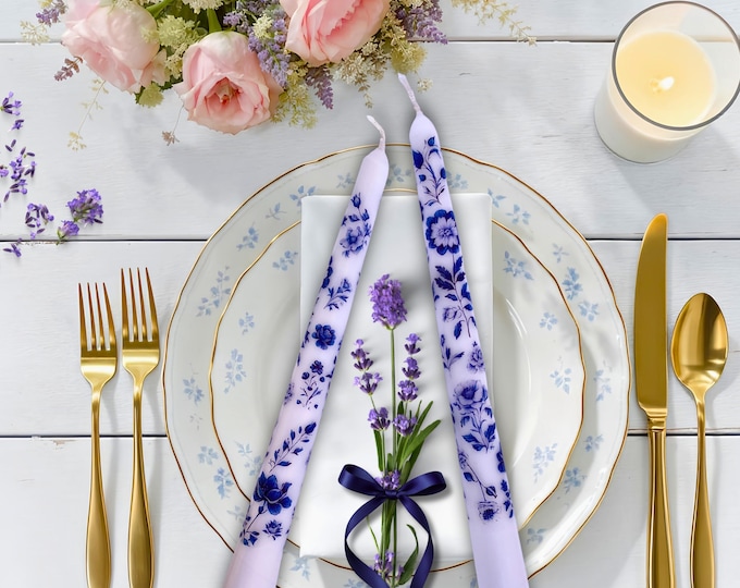 Blue Floral Chinoiserie Taper Candles: Decorative Vintage Style - Gift Box Option