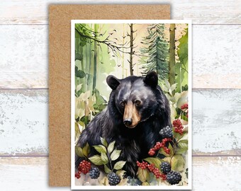 Black Bear in the Forest Eating Blackberries Card, Bear in Nature Snacking on Berries, Curious Black Bear Enjoying Blackberries in Woods