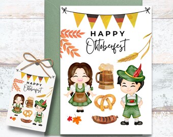 Happy Oktoberfest Watercolor Greeting Card, Cute October Celebration Writing Cards, German Beer and Pretzel Card, Prost Greeting, Lederhosen