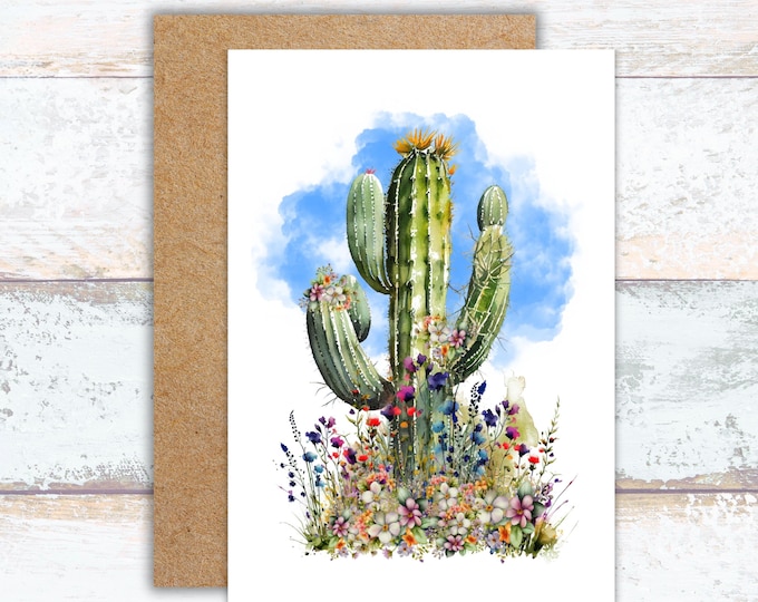 Southwest Saguaro with Blue Clouds Watercolor Greeting Card, Lover of the Desrt Cactus Writing Cards, Arizona Desert Saguaro Stationery