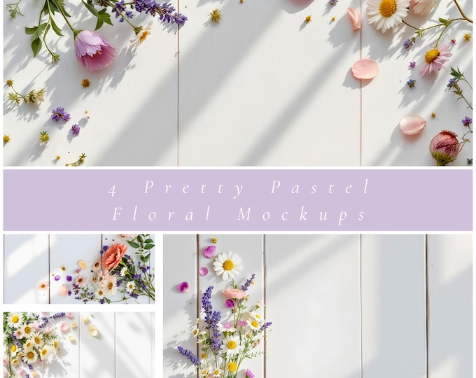 Pretty Pastel Floral Mockups Set of 4 with Bonus 5s Video, Whitewashed Wood Flat Lays, Soft Flower Backgrounds for Cards or Product Display