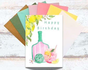 Pickleball Happy Birthday Pink Paddle and Lemonade Card, Watercolor Pickleball and Beverage Birthday Writing Card, Pretty Floral Pickleball