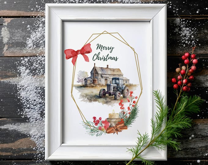 Rustic Christmas Tractor Print: Vintage Farmhouse Holiday Wall Art