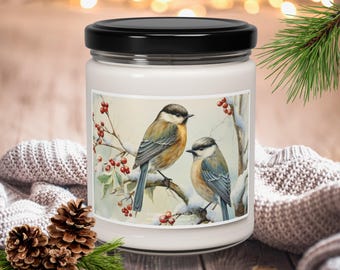 Chickadees on a Snow Covered Branch Scented Candle, Christmas Winter Bird Soy Candle, Holiday Bird Decor, Bird Lover Christmas Home Decor