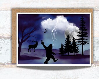 Bigfoot Giving Peace Sign to Elk under a Stormy Night Sky Watercolor Greeting Card, Lover of Bigfoot Writing Cards, Sasquatch in the Woods