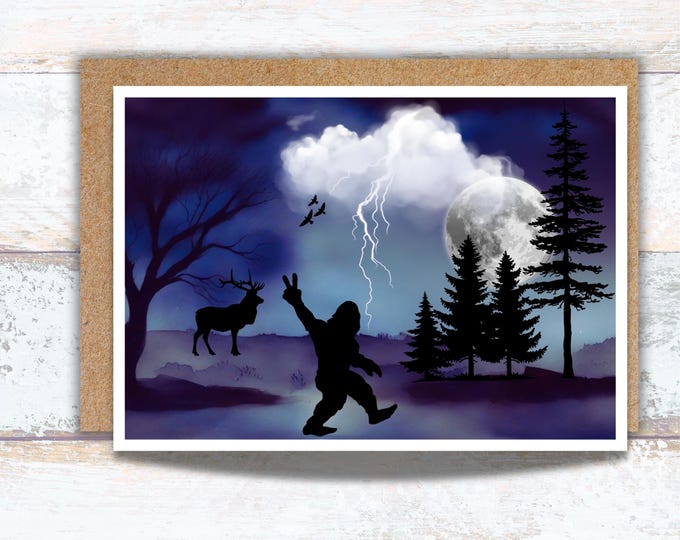 Bigfoot Giving Peace Sign to Elk under a Stormy Night Sky Watercolor Greeting Card, Lover of Bigfoot Writing Cards, Sasquatch in the Woods