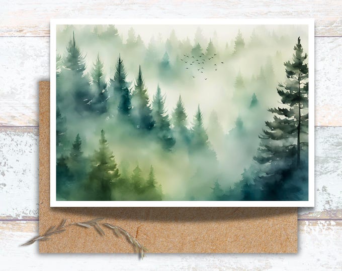 Misty Forest Watercolor Greeting Card for All Occasions, Foggy Forest Cards, Stationery for Nature Lover, Washington State Olympic Park Card