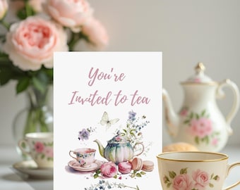 You’re Invited to Tea Card – Tea Party Invitation with Floral Teapot & Macarons, Blank Inside, Choice of Envelope Color, Optional Gift Tags