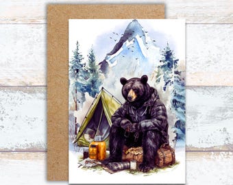 Camping Bear Greeting Card, Watercolor Bear in the Mountains Writing Card, Bear in Nature Stationery, Tent in the Forest Note Card, For Him
