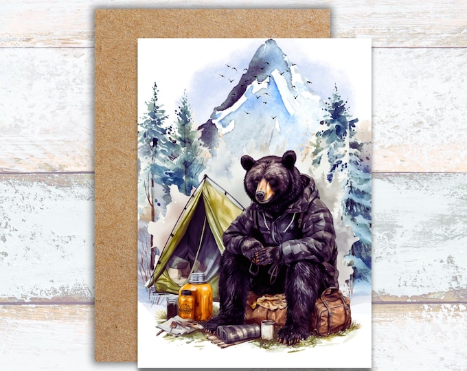 Camping Bear Greeting Card, Watercolor Bear in the Mountains Writing Card, Bear in Nature Stationery, Tent in the Forest Note Card, For Him