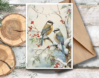 Winter Birds Greeting Card, Chickadees Vintage Card, Vintage Winter Scene, Vintage Holly Tree, Holiday Greeting, Woodland Watercolor Birds