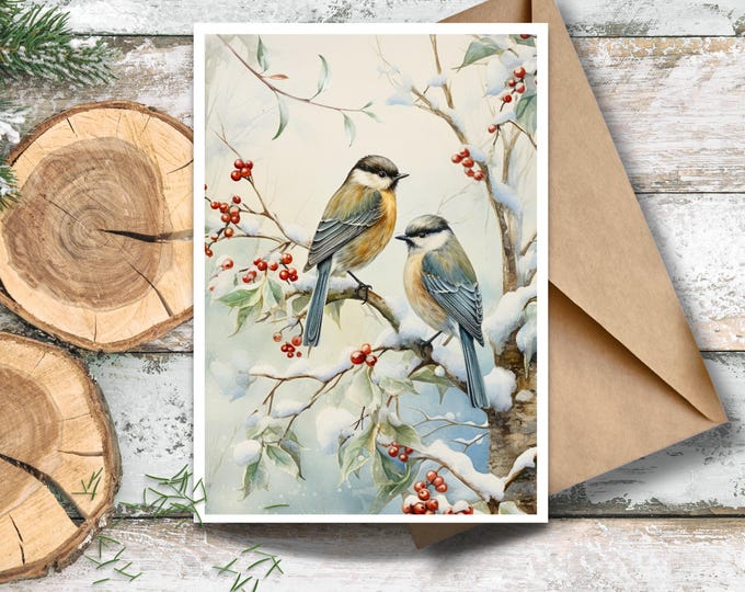 Winter Birds Greeting Card, Chickadees Vintage Card, Vintage Winter Scene, Vintage Holly Tree, Holiday Greeting, Woodland Watercolor Birds
