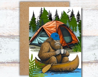 Bigfoot Sitting in a Canoe Drinking Coffee Watercolor Greeting Card, Bigfoot Camping in the Forest Stationery, Sasquatch Camping on a Lake