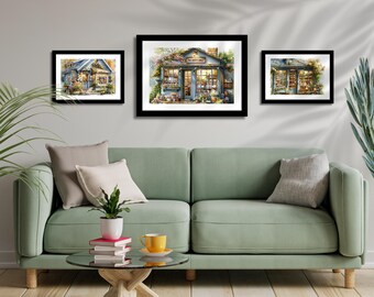 Vintage Bookstore Watercolor Art Print Set of 3, Antique Bookstore Wall Decor, Rustic Book Shop Wall Art,  Book Lover Gift, Love to Read Art