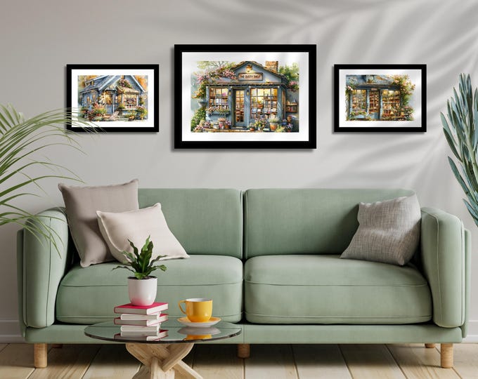 Vintage Bookstore Watercolor Art Print Set of 3, Antique Bookstore Wall Decor, Rustic Book Shop Wall Art,  Book Lover Gift, Love to Read Art