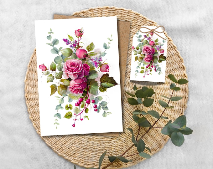 Blush Pink Rose Greeting Card, Watercolor Floral Note Card, Botanical Thank You Card with Optional Gift Tag, Cottagecore Blank Stationery