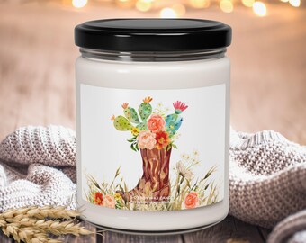 Cowgirl Boot and Botanical Flowers Scented Candle, Boho Boot and Cactus Soy Candle, Gift for Floral Cowboy Boots Lover, Boho Floral Decor
