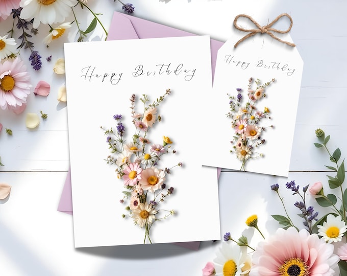 Happy Birthday Card with Pressed-Inspired Wildflowers, Optional Gift Tag, Blank Inside Floral Greeting, Botanical Nature-Inspired Birthday