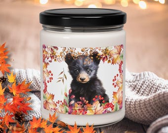Baby Black Bear in Fall Leaves and Foliage Scented Candle, Black Bear in Autumn Soy Candle, Rustic Cabin Bear Candle, Bear Lover  Soy Candle