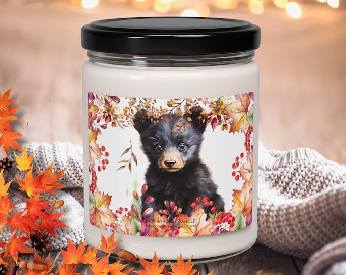 Baby Black Bear in Fall Leaves and Foliage Scented Candle, Black Bear in Autumn Soy Candle, Rustic Cabin Bear Candle, Bear Lover  Soy Candle