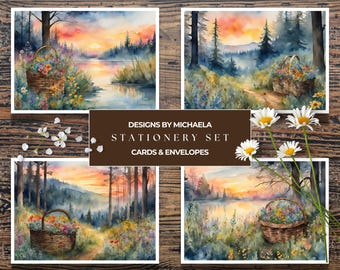 Floral Basket in Misty Forest Watercolor Stationery Set, Wicker Basket Filled with Wildflowers near Foggy Forest Lake, Lover of Nature Cards