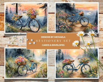 Floral Bicycle in Misty Forest Stationery Set, Watercolor Flower Bicycle at Sunset Writing Cards, Bicycle & Floral Basket in Seren Mountains