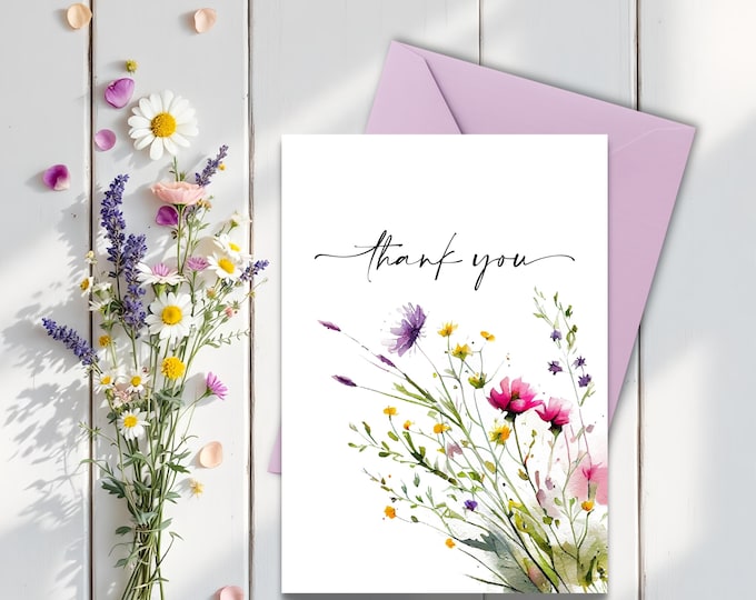 Wildflowers Thank You Card, Pink Floral Thank You Stationery, Watercolor Botanical Writing Cards, Thank You Floral Greeting Cards, For Her