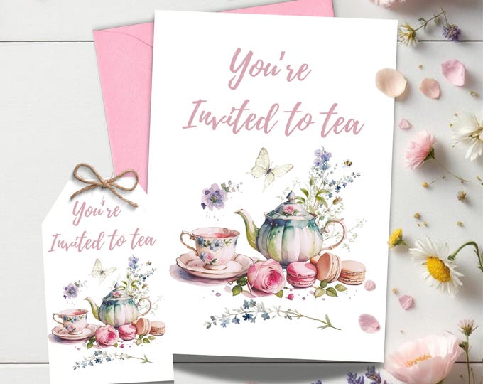 Elegant Tea Party Invitation: Floral Teapot & Macarons