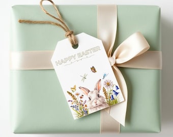 Easter Bunny in Rustic Wildflowers Watercolor Gift Tag Set for Easter Candy and Gifts, Watercolor Easter Tags for Celebrating and Gifting