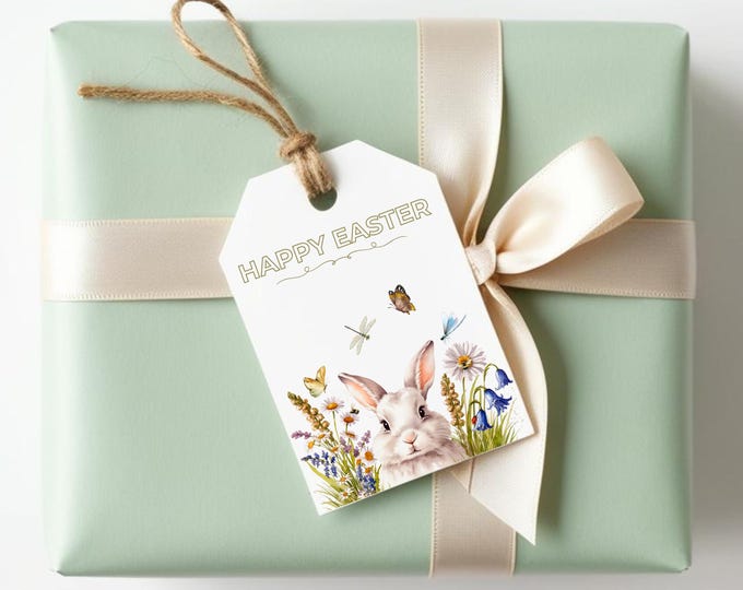 Easter Bunny in Rustic Wildflowers Watercolor Gift Tag Set for Easter Candy and Gifts, Watercolor Easter Tags for Celebrating and Gifting