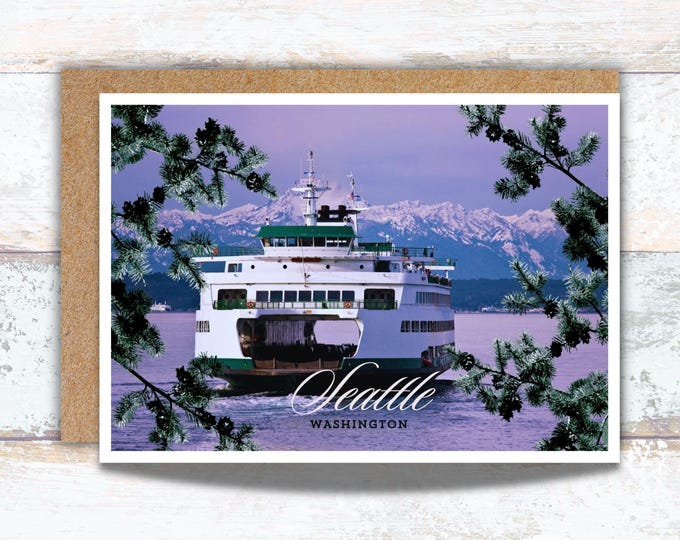 Seattle Washington Ferry Greeting Card, Pacific Northwest Writing Cards, Puget Sound Note Cards, Lover of the Olympic Mountains Souvenir