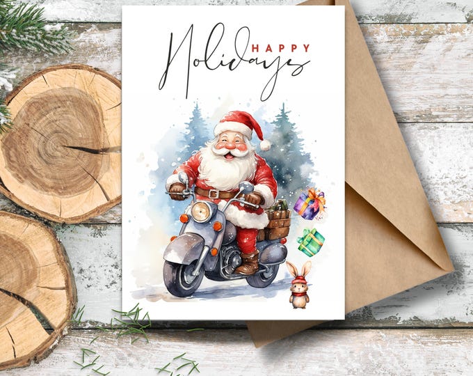 Santa Happy Holidays Card, Santa on Motorcycle Christmas Card, Cute Santa Holiday Greeting, Watercolor Santa Christmas Card, Funny Christmas