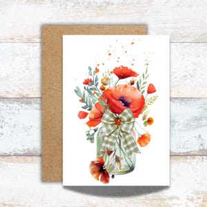 Watercolor Poppy Flower Greeting Card: Rustic Farmhouse Vase