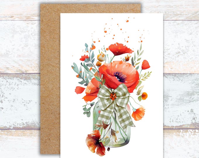 Poppy Flower in a Rustic Vase Greeting Card for Farmhouse Decor Enthusiasts, Watercolor Poppy Flower Writing Card for Sending Love to Her